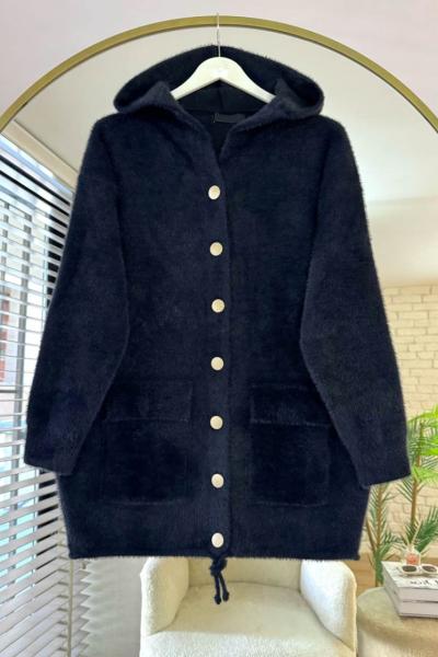 Kapüşonlu Yumoş Hırka Siyah