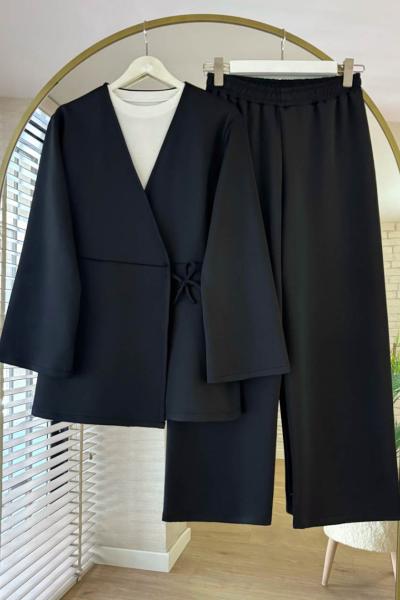 Bağlamalı Ceketli Scuba Takım Siyah