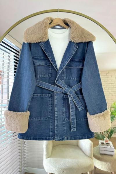 Kürk Detaylı Kot Ceket Kot Mavisi