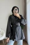 Balon Kol Deri Trençkot Siyah
