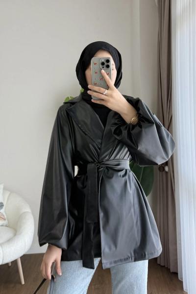 Balon Kol Deri Trençkot Siyah