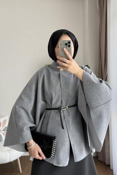 Kemerli Kaşe Panço Gri Melanj