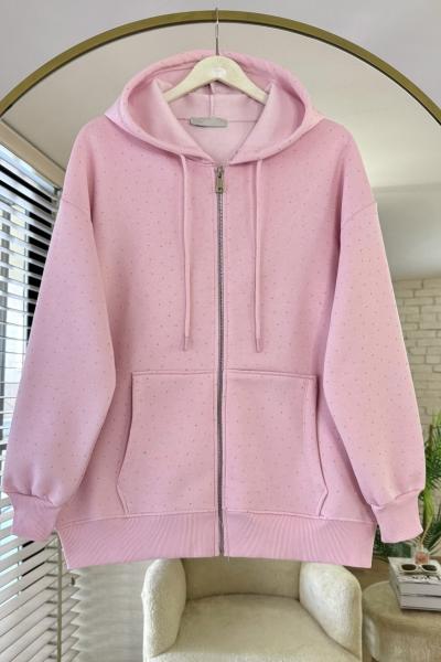 Taş Baskılı Üç İplik Hırka Pembe