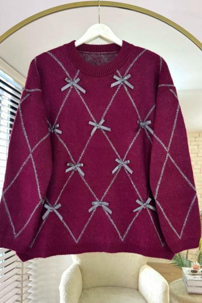 Baklava Desenli Fiyonklu Kazak Bordo