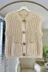 Kalın Örgü Cepli Yelek Açık Bej