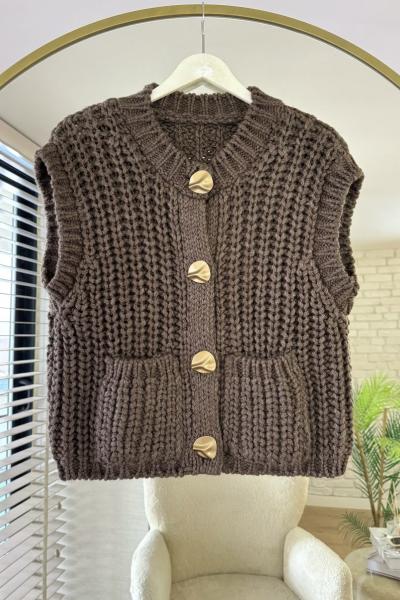 Kalın Örgü Cepli Yelek Acı Kahve