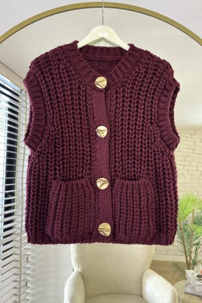 Kalın Örgü Cepli Yelek Bordo