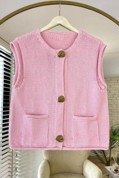 Gold Düğmeli Triko Yelek Pembe