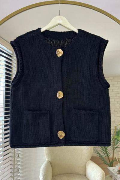 Gold Düğmeli Triko Yelek Siyah