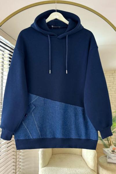 Kot Garnili Kapüşonlu Sweatshirt Lacivert