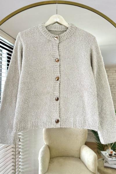 Gold Düğmeli Buklet Hırka Taş