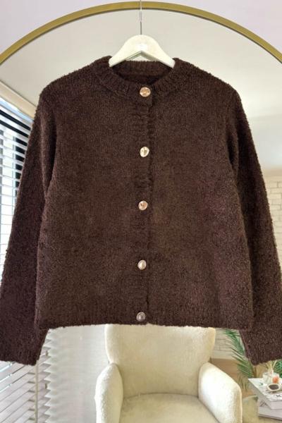 Gold Düğmeli Buklet Hırka Acı Kahve