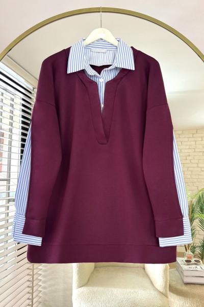 Gömlek Detaylı Modal Tunik Bordo