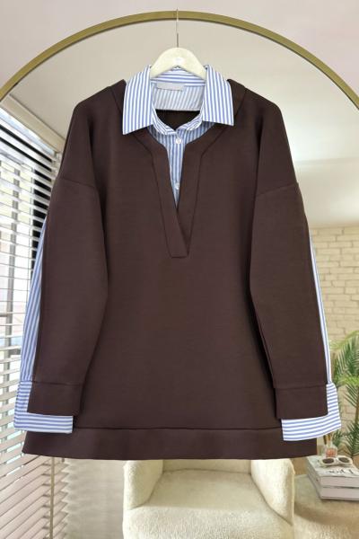 Gömlek Detaylı Modal Tunik Kahverengi