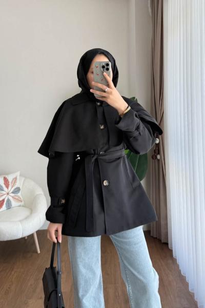 Pelerin Detaylı Ara Boy Trençkot Siyah