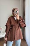 Pelerin Detaylı Ara Boy Trençkot Acı Kahve
