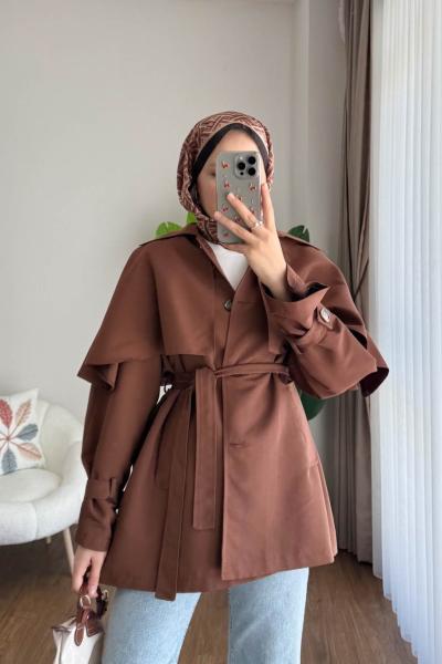 Pelerin Detaylı Ara Boy Trençkot Acı Kahve