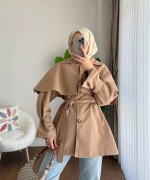 Pelerin Detaylı Ara Boy Trençkot Camel