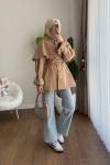 Pelerin Detaylı Ara Boy Trençkot Camel