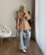 Pelerin Detaylı Ara Boy Trençkot Camel