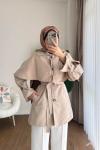 Pelerin Detaylı Ara Boy Trençkot Bej