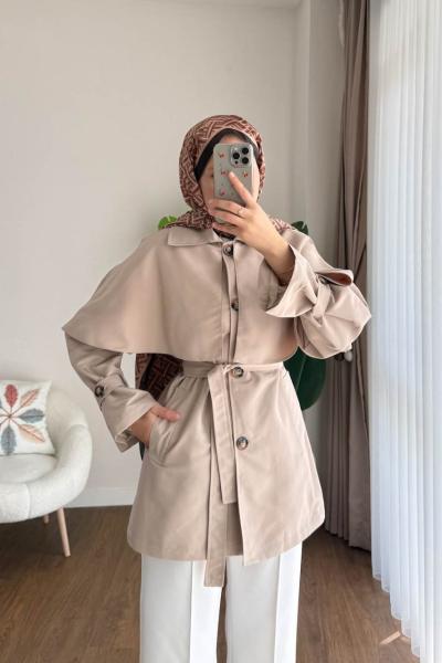 Pelerin Detaylı Ara Boy Trençkot Bej