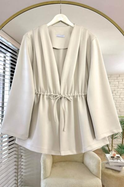 Pile Detaylı Büzgülü Scuba Ceket Bej