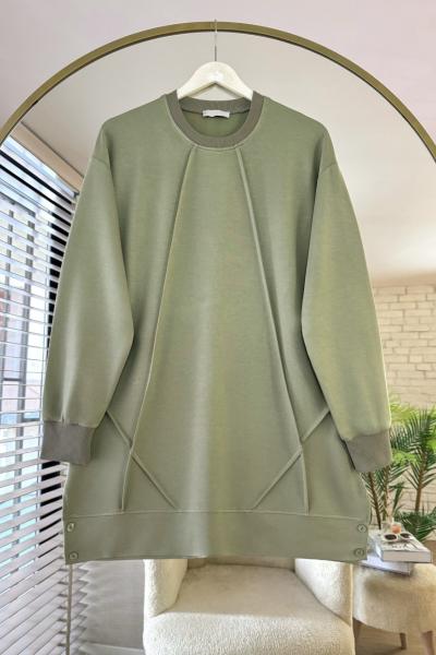 Düğme Detaylı Çımalı Tunik Yeşil