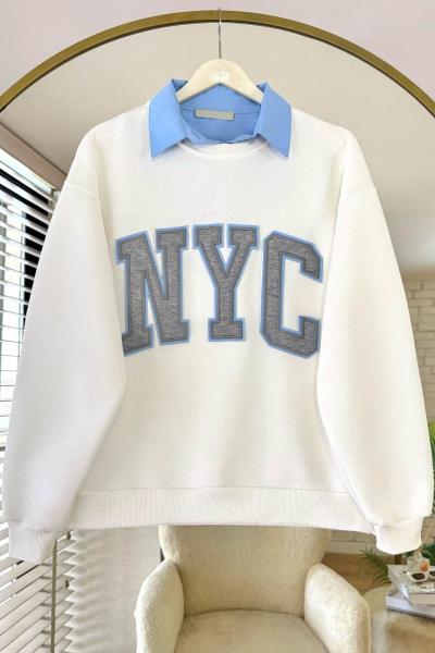 NYC Nakışlı Yakalı Üç İplik Sweatshirt Ekru