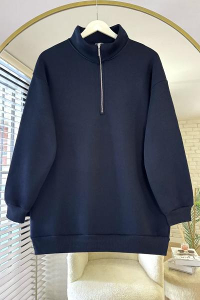Yarım Fermuarlı Üç İplik Sweatshirt Lacivert