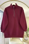 Yarım Fermuarlı Üç İplik Sweatshirt Bordo