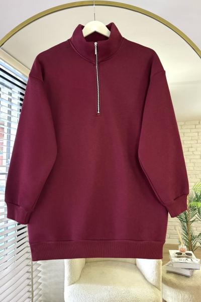 Yarım Fermuarlı Üç İplik Sweatshirt Bordo