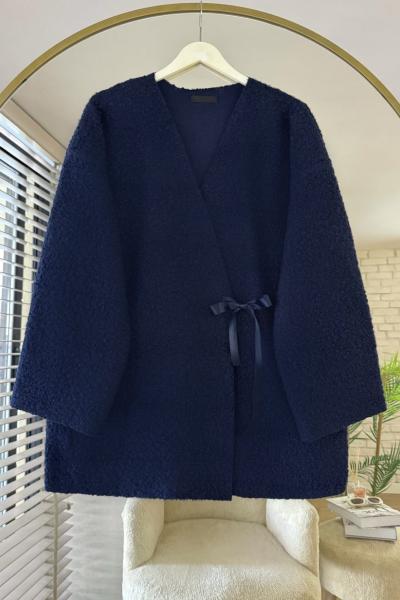 Bağlamalı Buklet Ceket Lacivert
