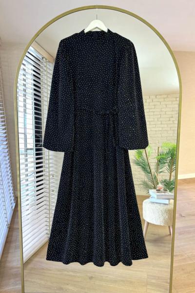 Balon Kol Taşlı Nobel Elbise Siyah