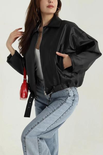 Kemerli Bomber Deri Ceket Siyah