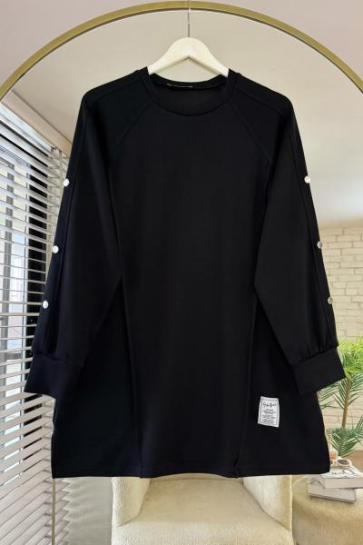 Kolları Düğme Detaylı Çımalı Tunik Siyah