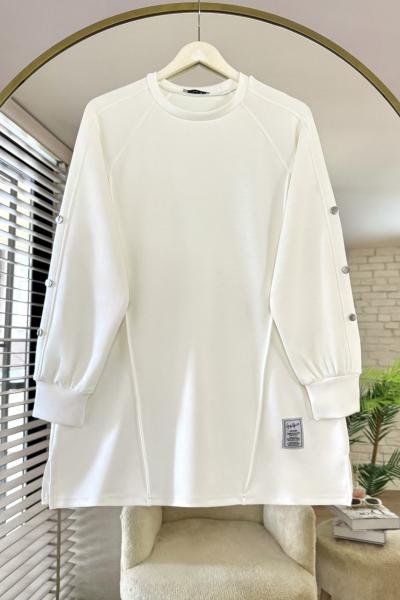 Kolları Düğme Detaylı Çımalı Tunik Ekru