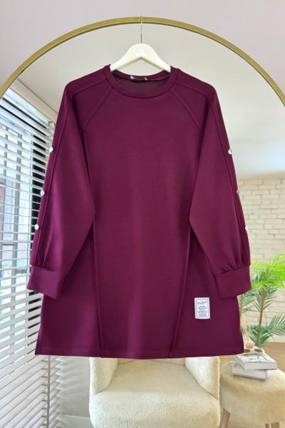 Kolları Düğme Detaylı Çımalı Tunik Bordo