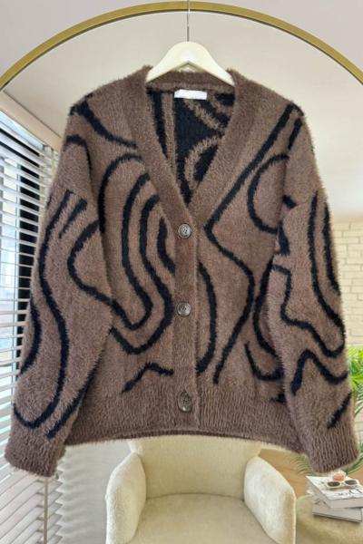 Zebra Desen Yumoş Hırka Kahverengi