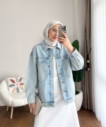 Taş Detaylı Oversize Kot Ceket Kar Yıkama Mavi