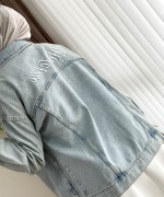 Taş Detaylı Oversize Kot Ceket Kar Yıkama Mavi