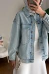 Taş Detaylı Oversize Kot Ceket Kar Yıkama Mavi