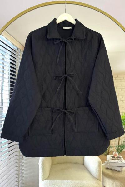 Üç Bağcıklı Kapitone Ceket Siyah