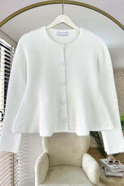 Eteği Volanlı Triko Hırka Beyaz