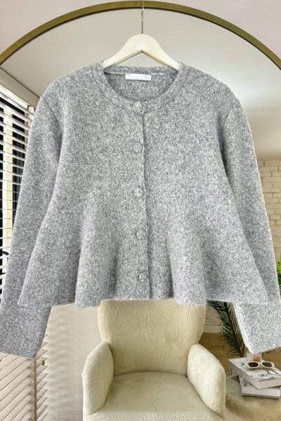 Eteği Volanlı Triko Hırka Gri