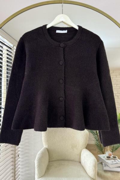 Eteği Volanlı Triko Hırka Koyu Kahverengi