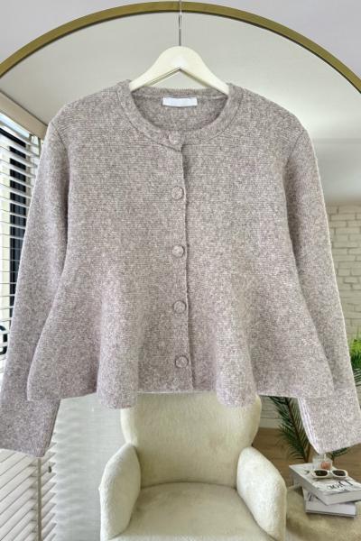 Eteği Volanlı Triko Hırka Vizon