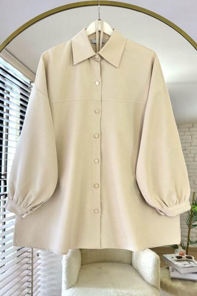 Robalı Gabardin Gömlek Bej