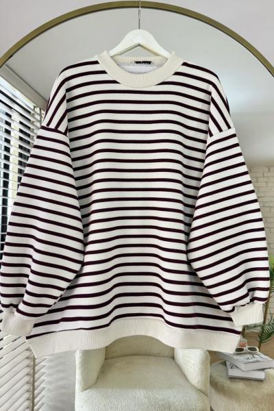 Çizgili Oversize Sweatshirt Bordo