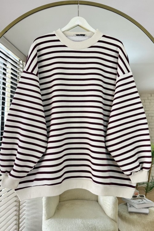 Çizgili Oversize Sweatshirt Bordo